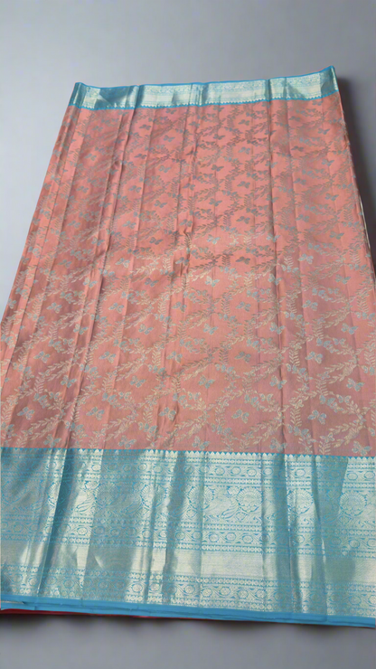 Handloom Kanchi Silk Saree with Silver Zari Double Warp in Peach Pink for Women