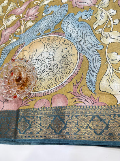 Silk blend printed saree with floral and bird motifs, zari border, women’s festive wear saree