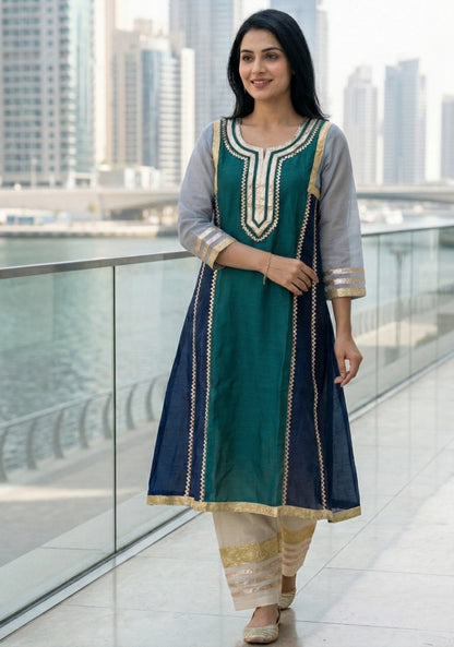 Mul Chanderi Kurti Pant Set for Women Panel Design Straight Kurta with Woven Bottom Ethnic Set