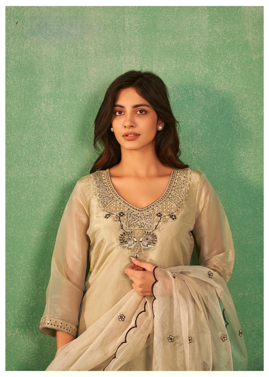 Gold Silk Kurta Pant Dupatta Set with Heavy Khatli Work and Cutwork Dupatta – Sizes M to XXL