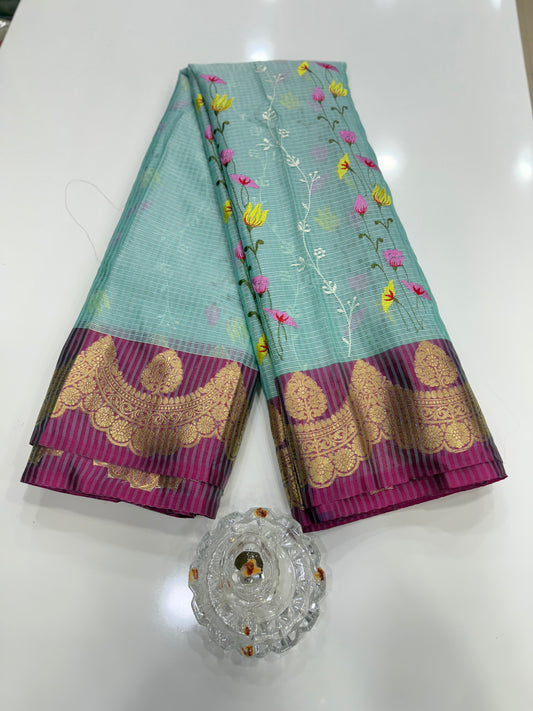 Banarasi handloom Kota check saree with mina embroidery, scalloped border and zari chit pallu