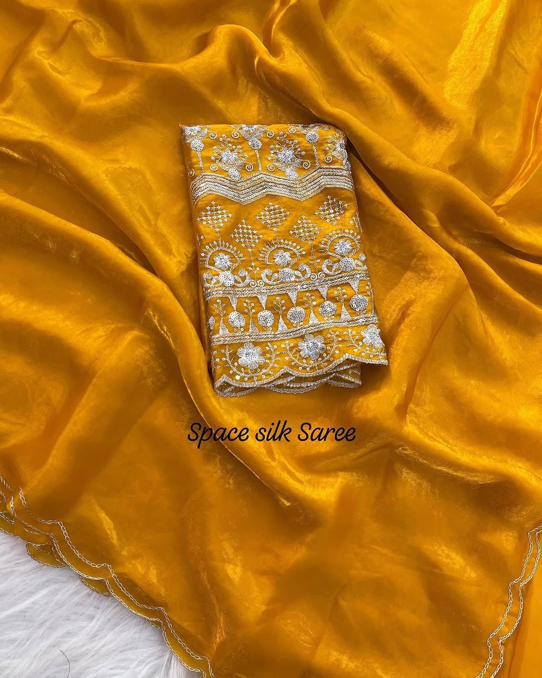 Space Silk Saree with Arco Cut Work and Embroidered Blouse – Elegant Party and Festive Wear Saree for Women