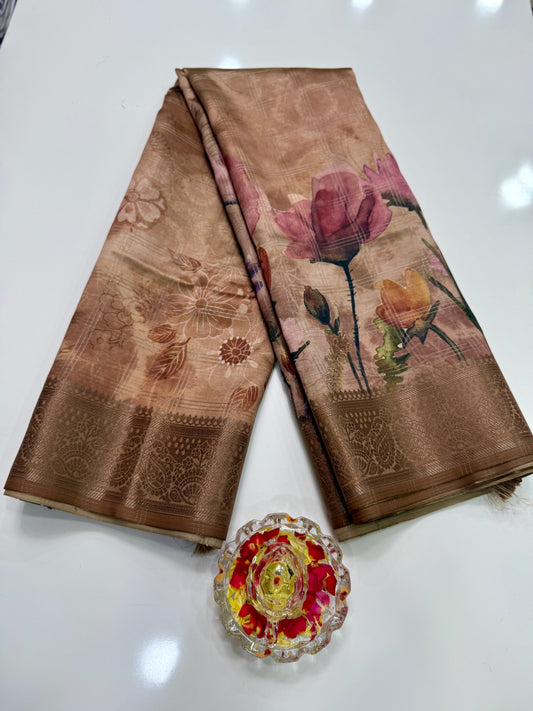 Bamboo Silk Saree with Chex Texture and Rich Pallu – Digital Floral Print Saree for Women