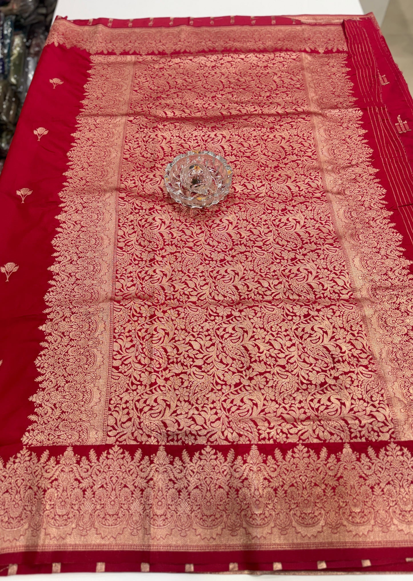 Soft silk saree with woven floral border and contrast brocade blouse piece