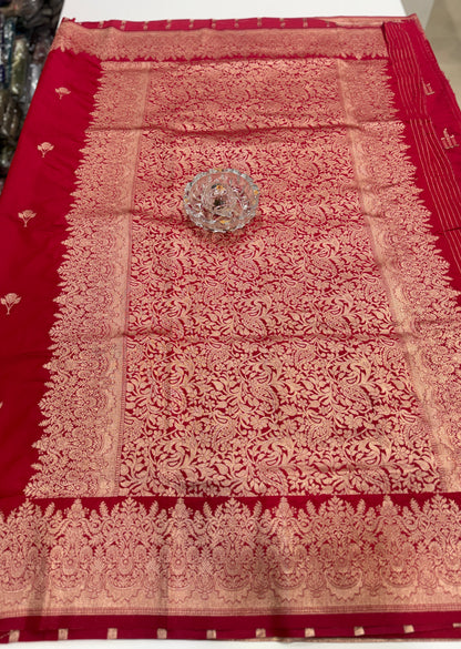 Soft silk saree with woven floral border and contrast brocade blouse piece