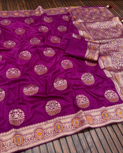 Banarasi Dola Silk Saree with Meenakari Jaal Weaving, Zari Pallu, and Butti Blouse – Royal Splendor Collection