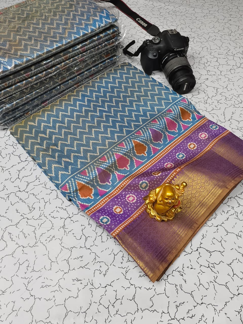 Soft Pochampally Silk Saree with Printed Multi-Butta Design and Contrast Running Blouse