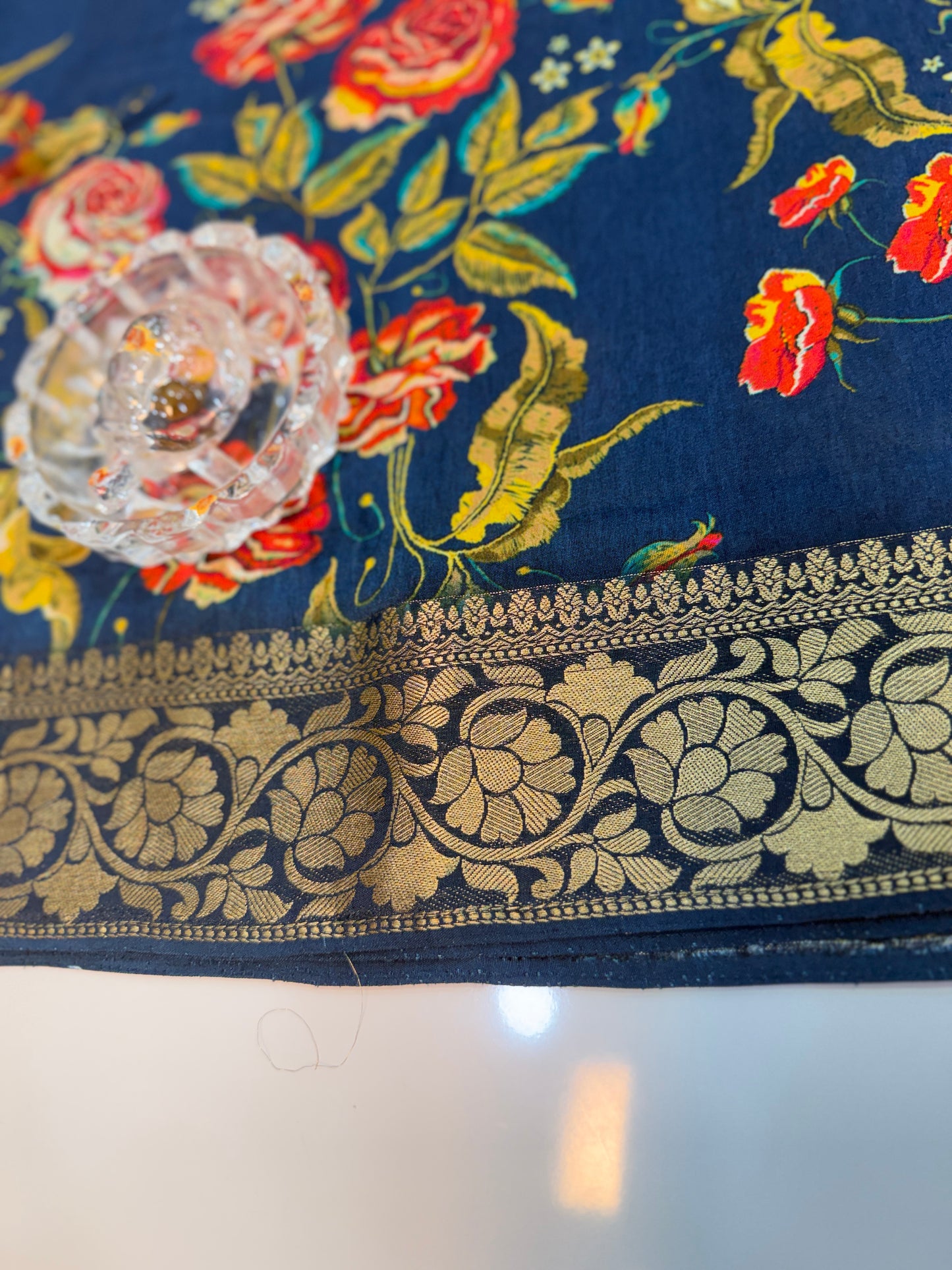 Pure Viscose Crepe silk saree with digital floral print and woven zari border for women