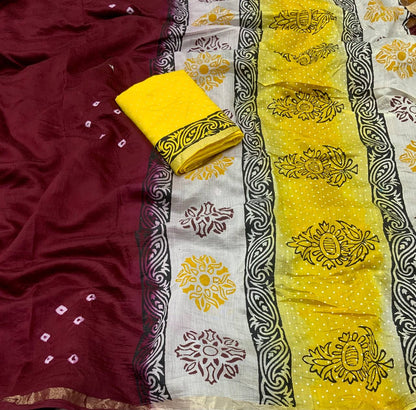 Chanderi Cotton Saree with Hand-Tied Bandhani and Block Printed Pallu – Festive Wear for Women