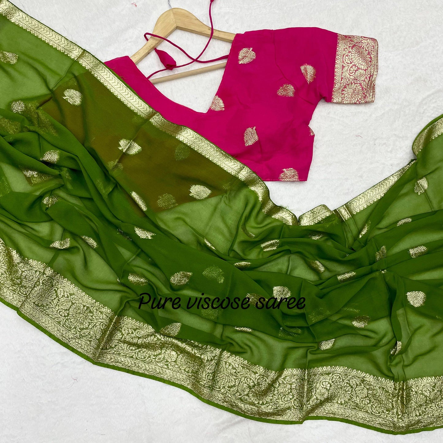 Women’s Pure Viscose Georgette Saree with Leaf Zari Design and Contrast Running Blouse