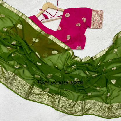 Women’s Pure Viscose Georgette Saree with Leaf Zari Design and Contrast Running Blouse