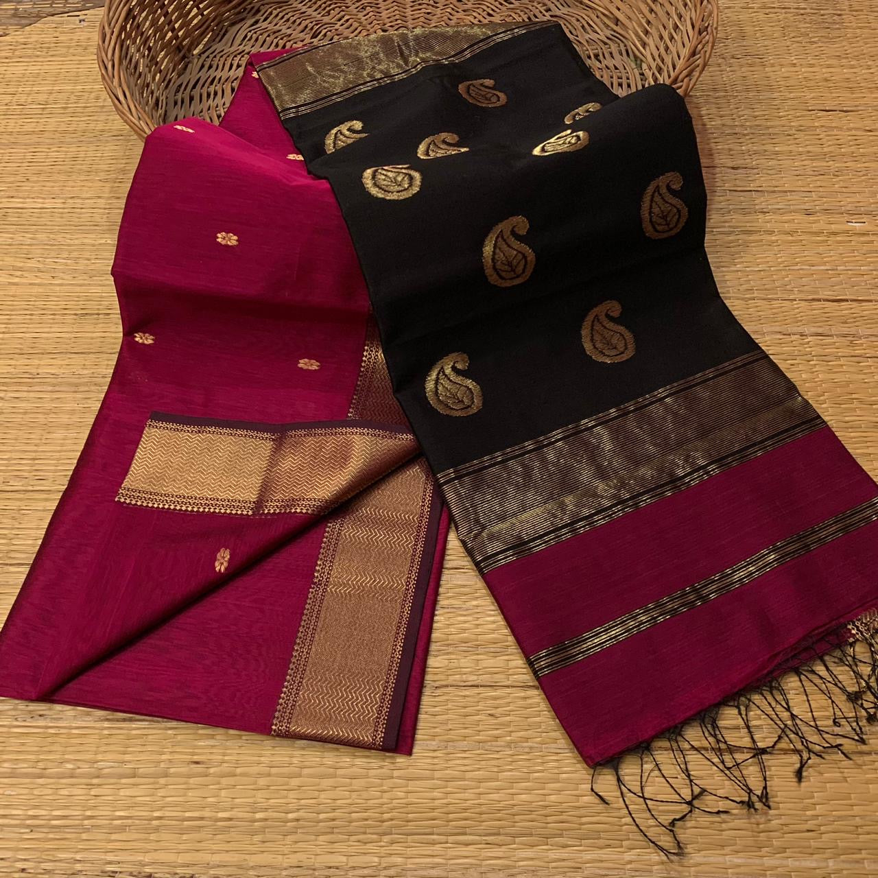 Maheshwari Silk Cotton Saree with Mango Butta Motifs & Gold Zari Border