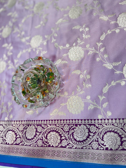 Banarasi Mashru Katan Silk Saree in Lavender and Wine with Contrast Blouse Piece – Women’s Festive Wear