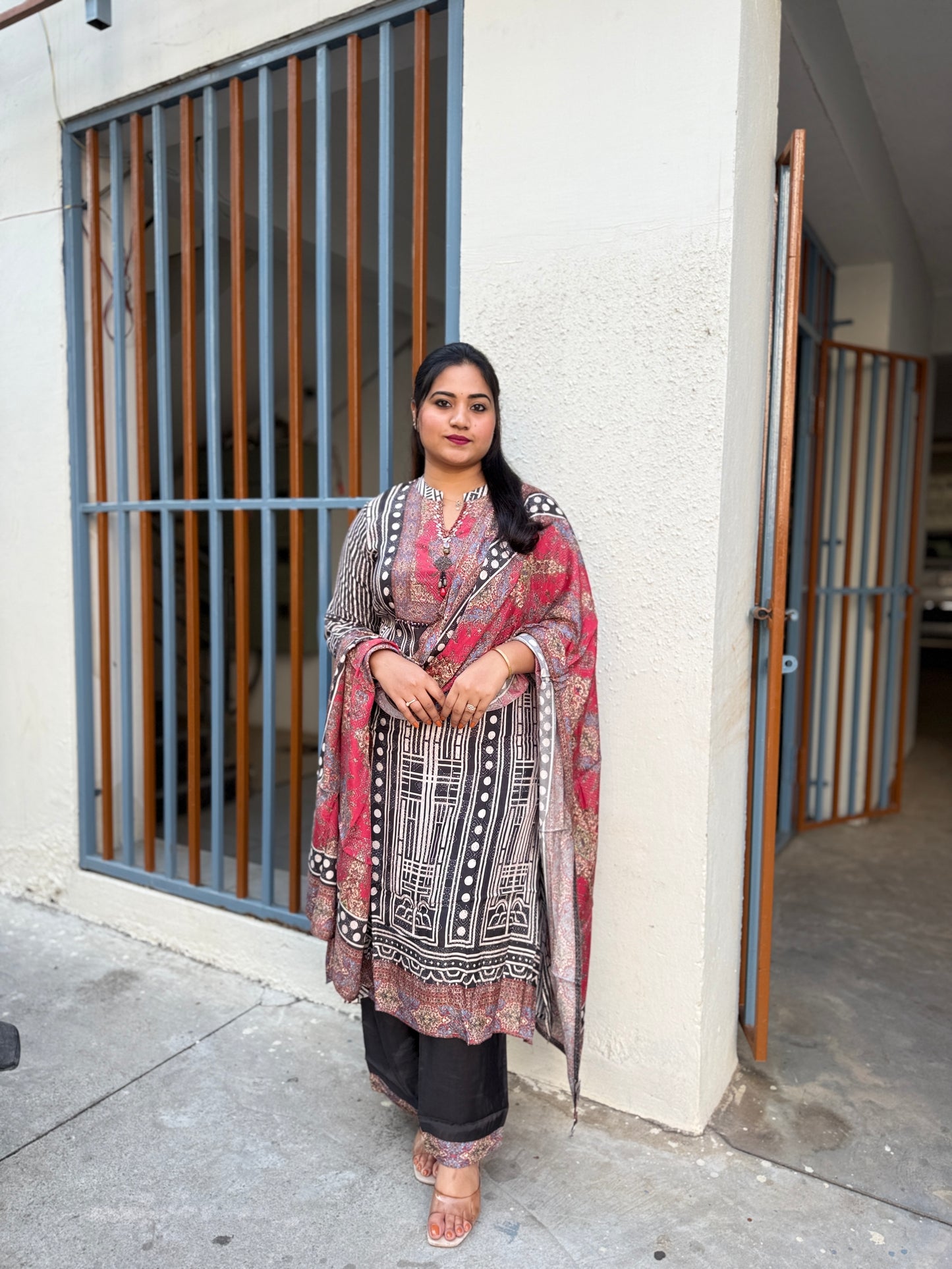 Viscose silk printed kurta pant dupatta set with ethnic motifs and mirror-style detailing for women