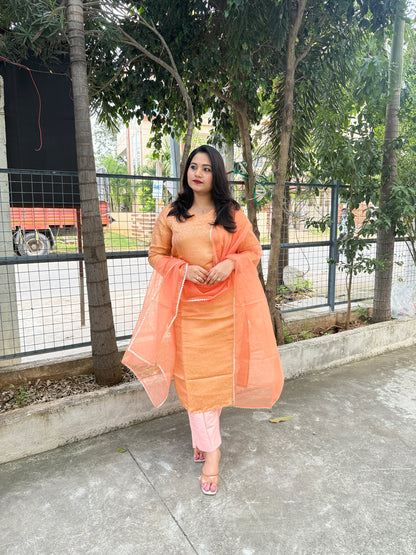 Brocade Banarasi Straight Kurta Pant Set with Organza Dupatta for Women