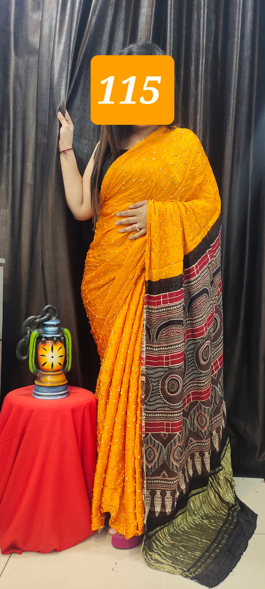 Modal Silk Ajrakh Bandhani Saree for Women – Handcrafted with Natural Dye and Ajrakh Blouse