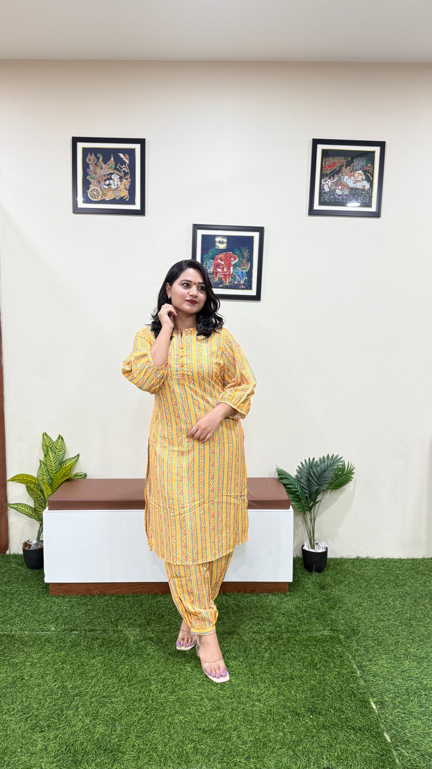 Yellow Moss Digital Ethnic Printed Co-ord Set for Women | Cotton Blend Kurti with Pant | Summer Wear
