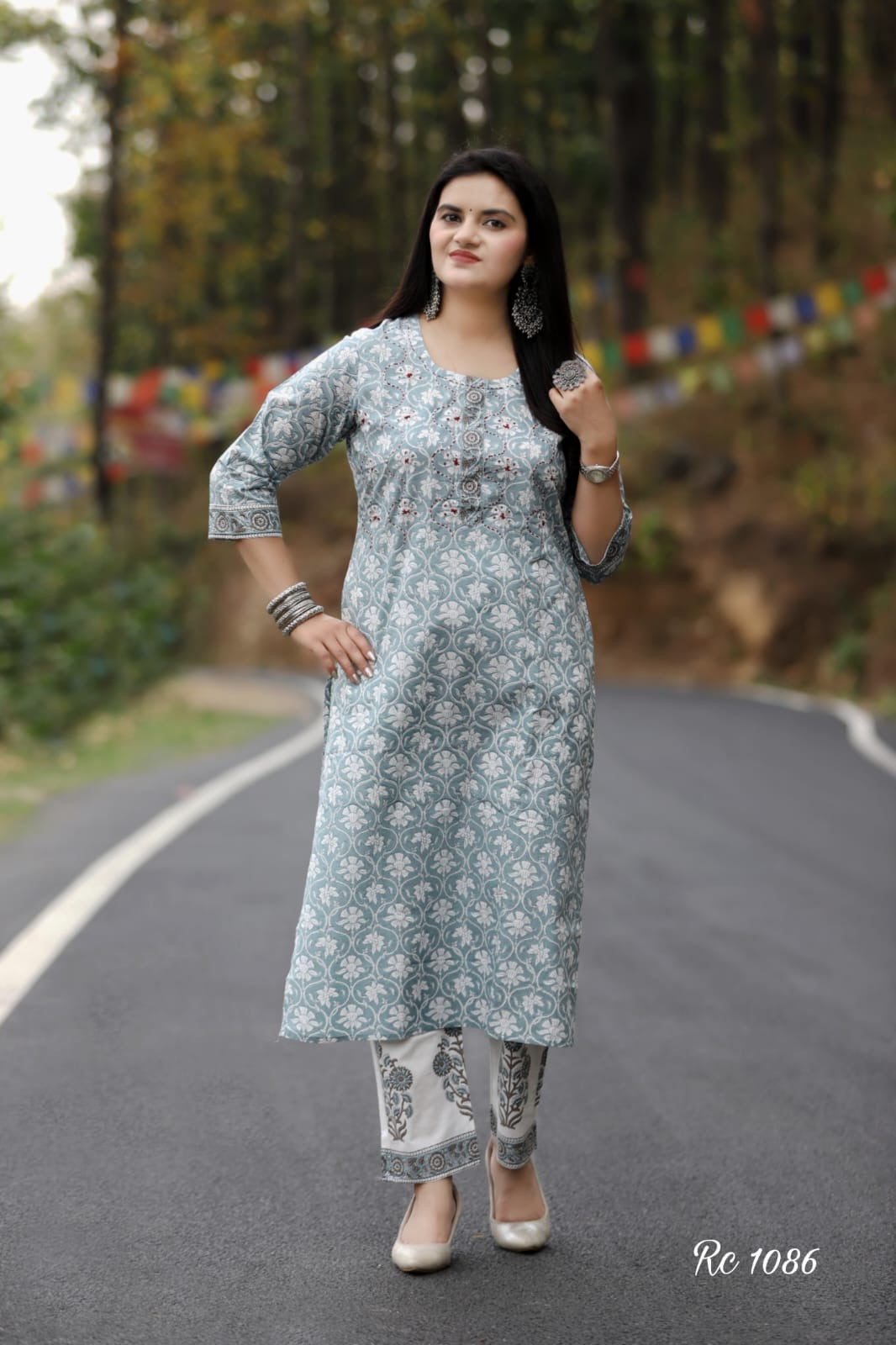 Cotton Straight Suit with Handblock Print and Katha Embroidery – Kurta Pant Dupatta Set for Women