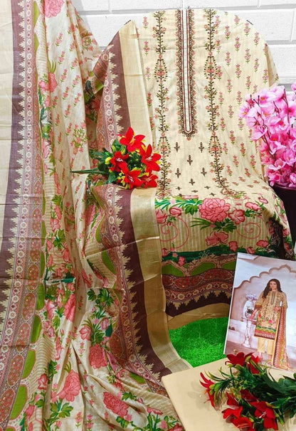 Unstitched Pure Cotton Cambric Suit Material with Self Embroidery and Mal Mal Dupatta