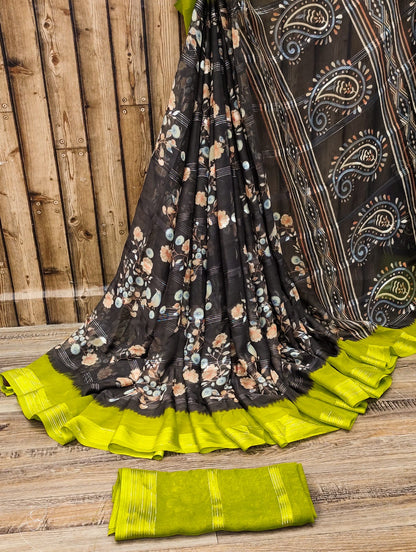Chiffon Jari Saree with All-Over Floral Print & Contrast Printed Border – Blouse Options Available