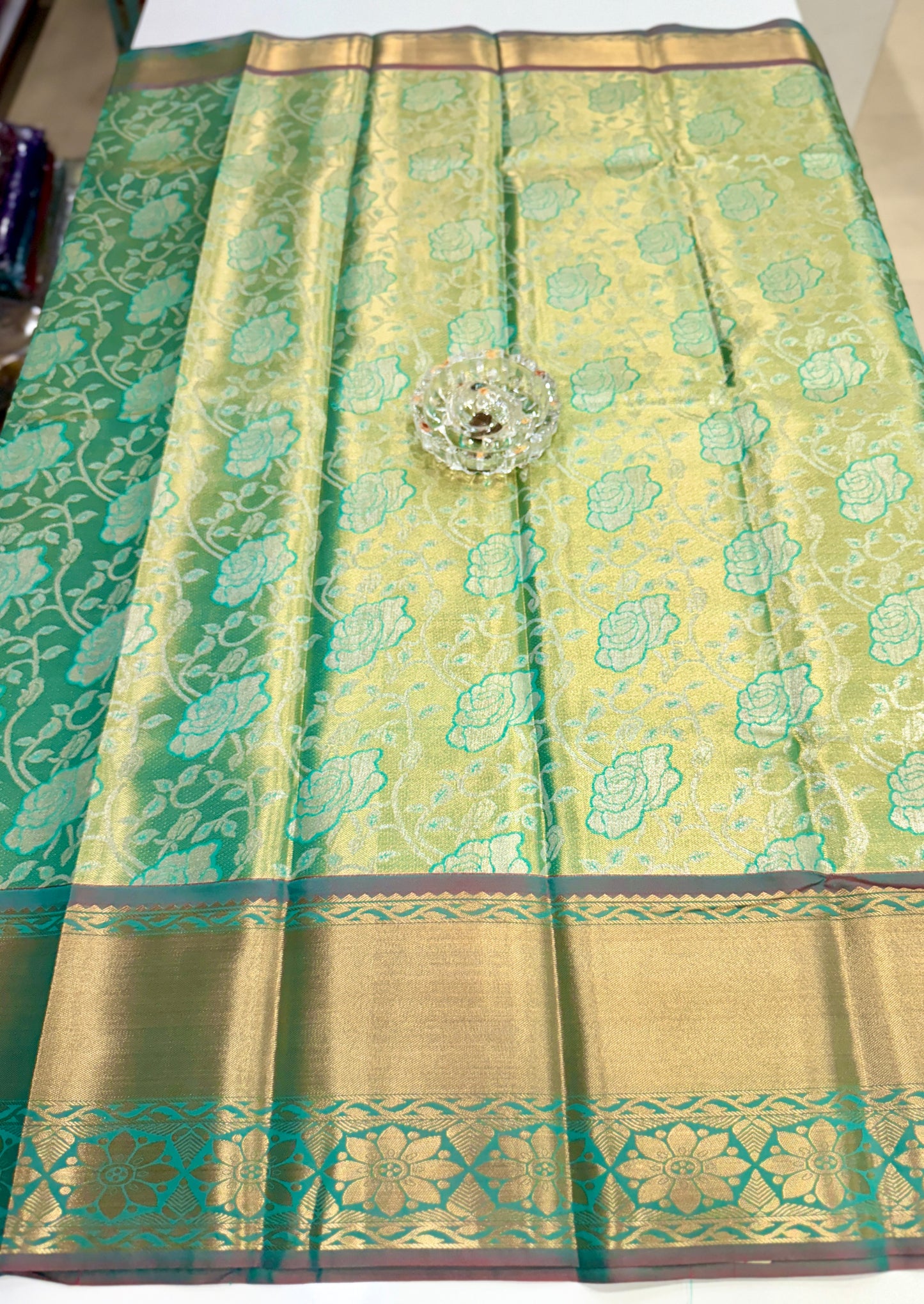 Bridal tissue saree for women with woven zari work and contrast border, kanchipuram style powerloom saree with blouse fabric
