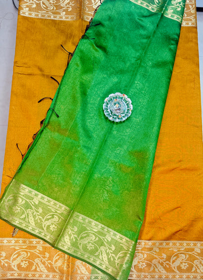 Semi Raw Silk Saree with Zari Hand Border, Heavy Jamdani Pallu and Contrast Blouse