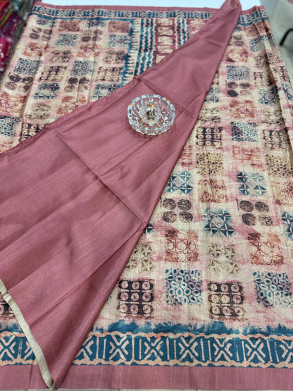 Semi Tussar Silk Saree with Ethnic Print Border and Tassel Pallu, Geometric Prints