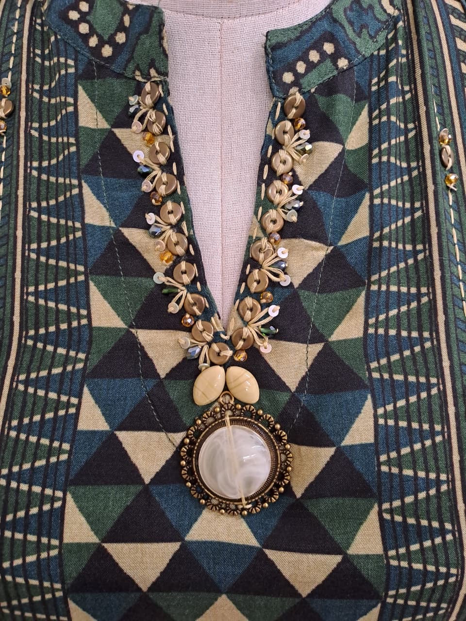 Women’s viscose silk printed kaftan kurta palazzo set with embellished neckline and cape sleeves, green, size 38–44