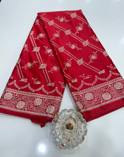 Mashru katan silk saree for women with Banarasi-style zari weaving and contrast brocade blouse piece