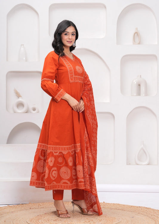 elegant rust cotton kurta set with mirror & sequin hand detailing