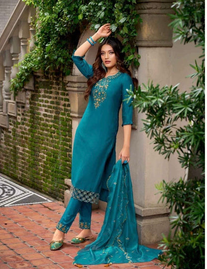 Milan Silk Handworked Kurta Pant Dupatta Set with Embroidered Organza Dupatta – Sizes M to XXL