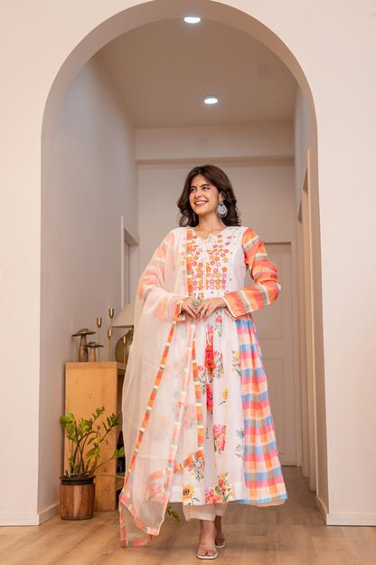 Soft Chanderi Kurta Pant with Organza Dupatta Set for Women – Embroidery & Digital Print – M to XXL