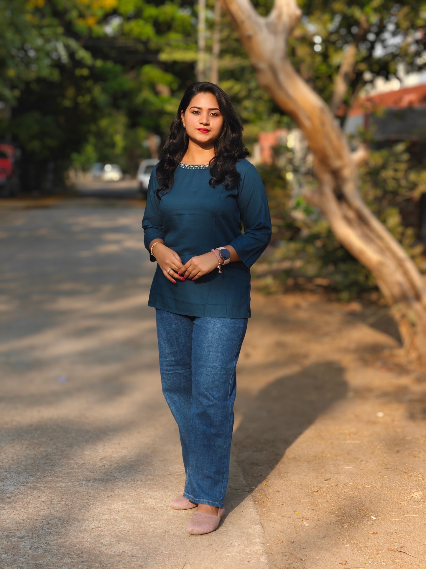 Women’s Indigo Short Top with Embellished Neckline – Sizes M to 2XL