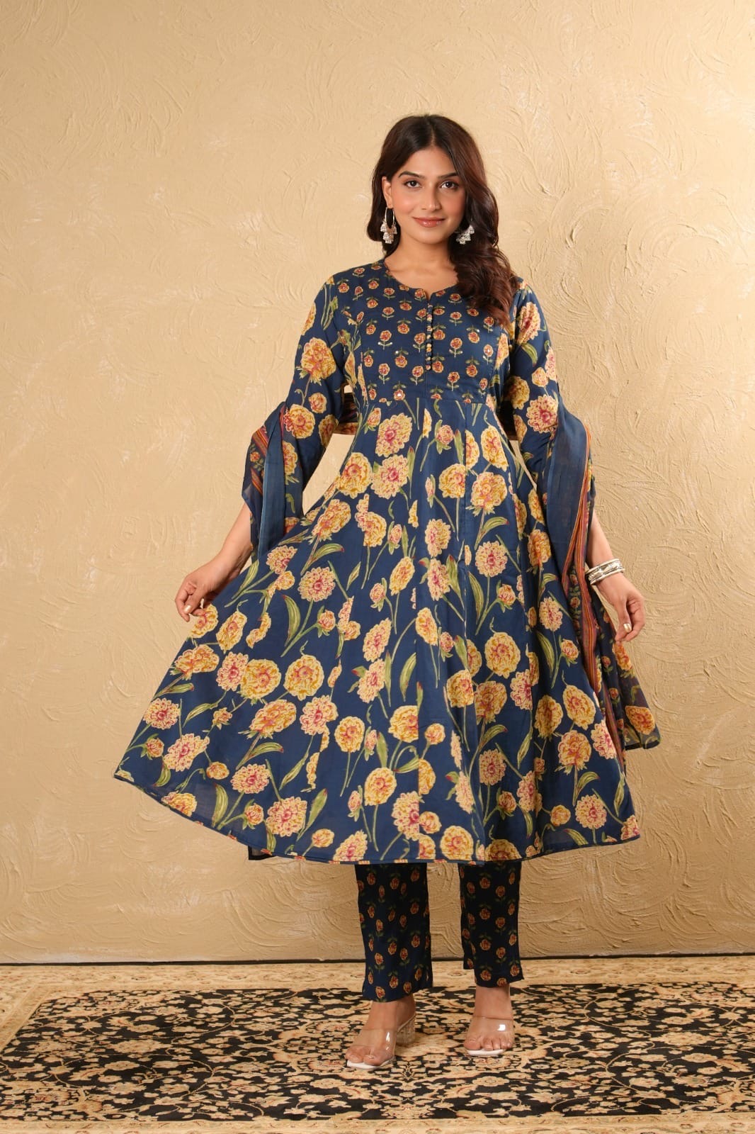 Cotton Anarkali Kurta Pant Dupatta Set with Detailing Work – M to 3XL