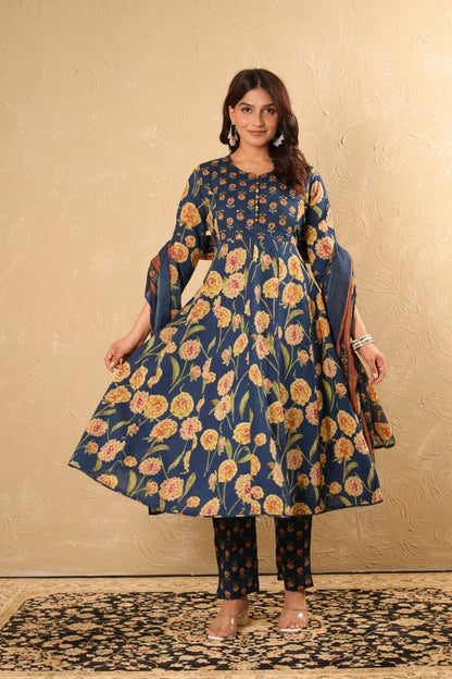 Cotton Anarkali Kurta Pant Dupatta Set with Detailing Work – M to 3XL