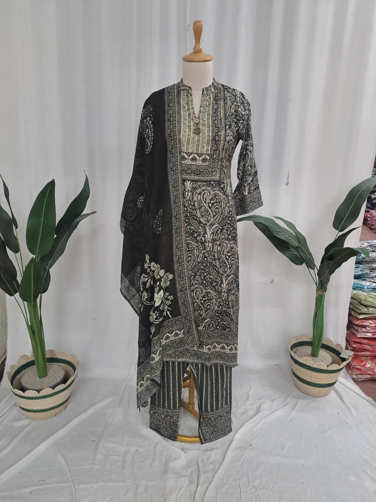 Women’s digital viscose silk kurta set with moti sequence handwork, pant and muslin dupatta, size 38–44