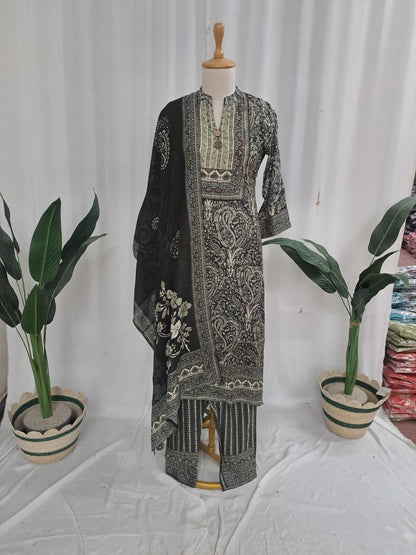 Women’s digital viscose silk kurta set with moti sequence handwork, pant and muslin dupatta, size 38–44