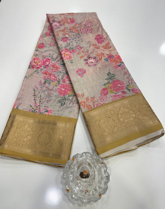 Printed handloom georgette saree for women with woven border and floral design