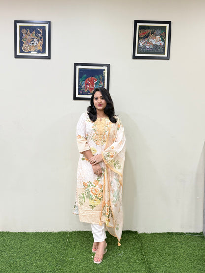 Women’s Linen Schiffli Embroidered Kurta Set with Cotton Pant and Viscose Mal Dupatta – L to 3XL