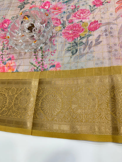 Printed handloom georgette saree for women with woven border and floral design