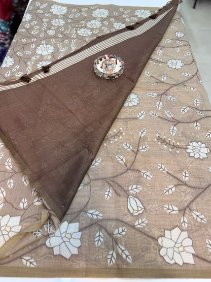 Linen printed saree with floral vine design, contrast border and tassel pallu, women’s daily wear saree