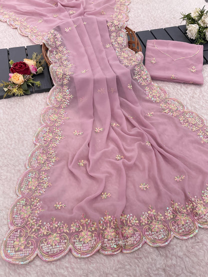 Pure Georgette Embroidered Saree with Butta Work