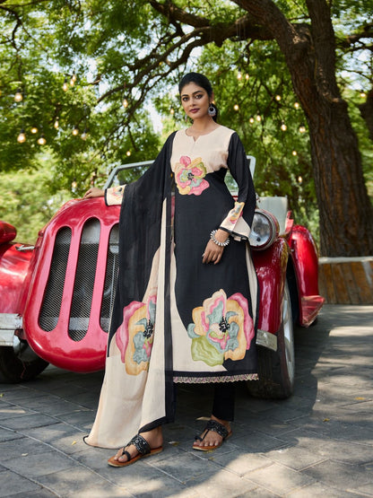 Unstitched Bamberg Muslin Suit Material with Digital Print, Handwork and Pure Muslin Dupatta