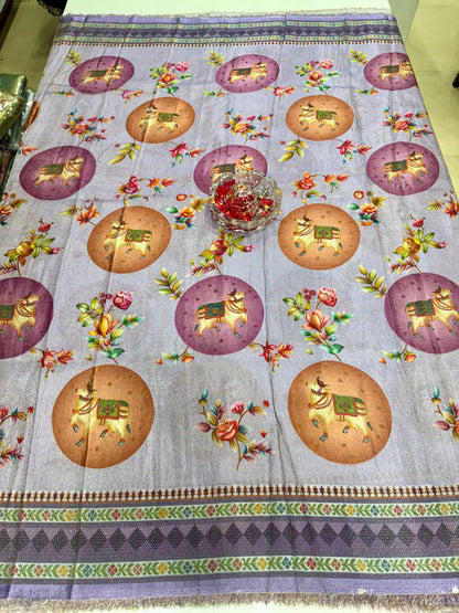 Pure Ziraf Silk Printed Saree with Elephant and Floral Motifs – Lightweight Soft Silk Saree for Women