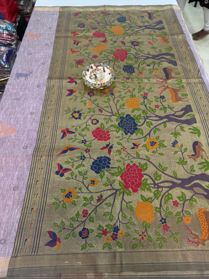 Linen Paithani style printed saree with floral tree border and tassel pallu, women’s festive daily wear saree