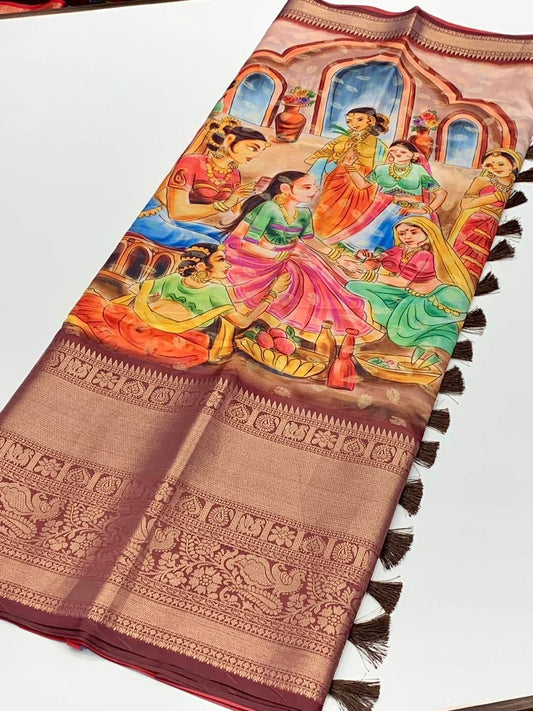 Banarasi Soft Silk Saree with Kalamkari Block Print and Zari Weaving – Party Wear for Women