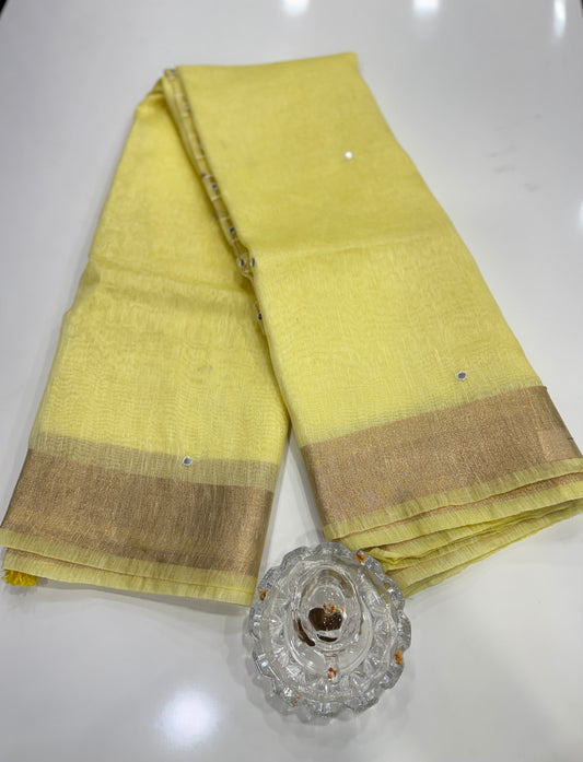 Pure Tissue 150 Count Linen Handloom Saree with Handwork and Running Blouse for Women