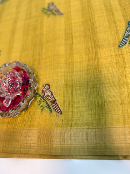 Ghicha cotton saree with bird motif pallu and tassel border, printed cotton saree for women