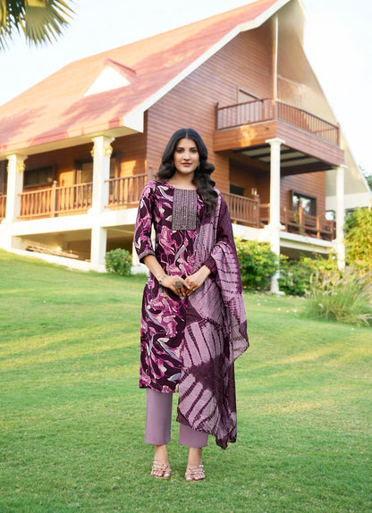 Roman Silk Modal Straight Suit Set with Foil Print, Embroidery and Chanderi Dupatta for Women