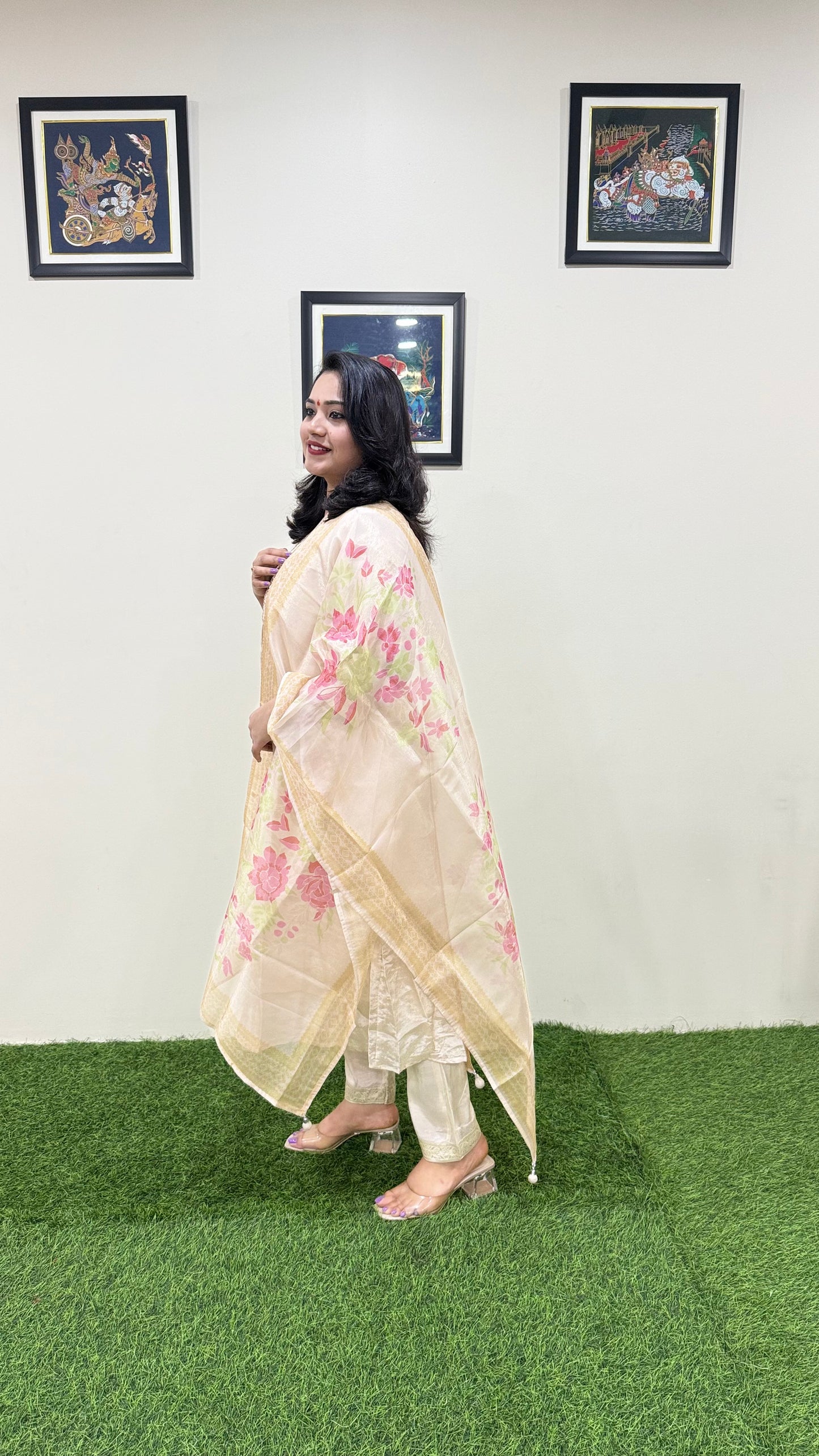 Pure Tissue Kurta Pant Dupatta Set with Intricate Handwork – Sizes L to XXL